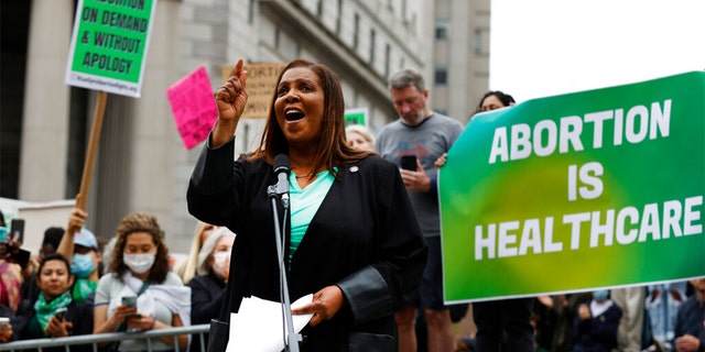New York Attorney General Letitia James speaks at a rally in support of abortion rights, Tuesday, May 3, 2022, in New York.