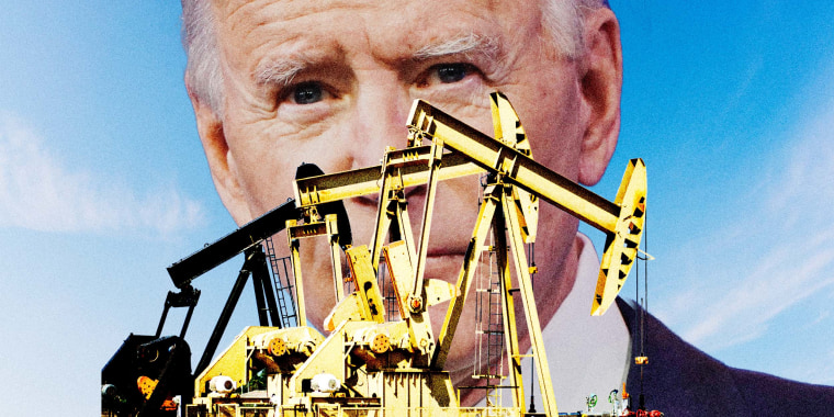 Photo Illustration: Biden's face looms behind a yellow oil rig