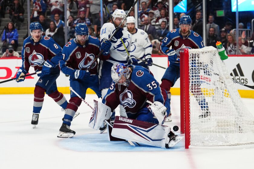 Avalanche goalie Darcy Kuemper is unable to prevent the go-ahead goal June 24, 2022.